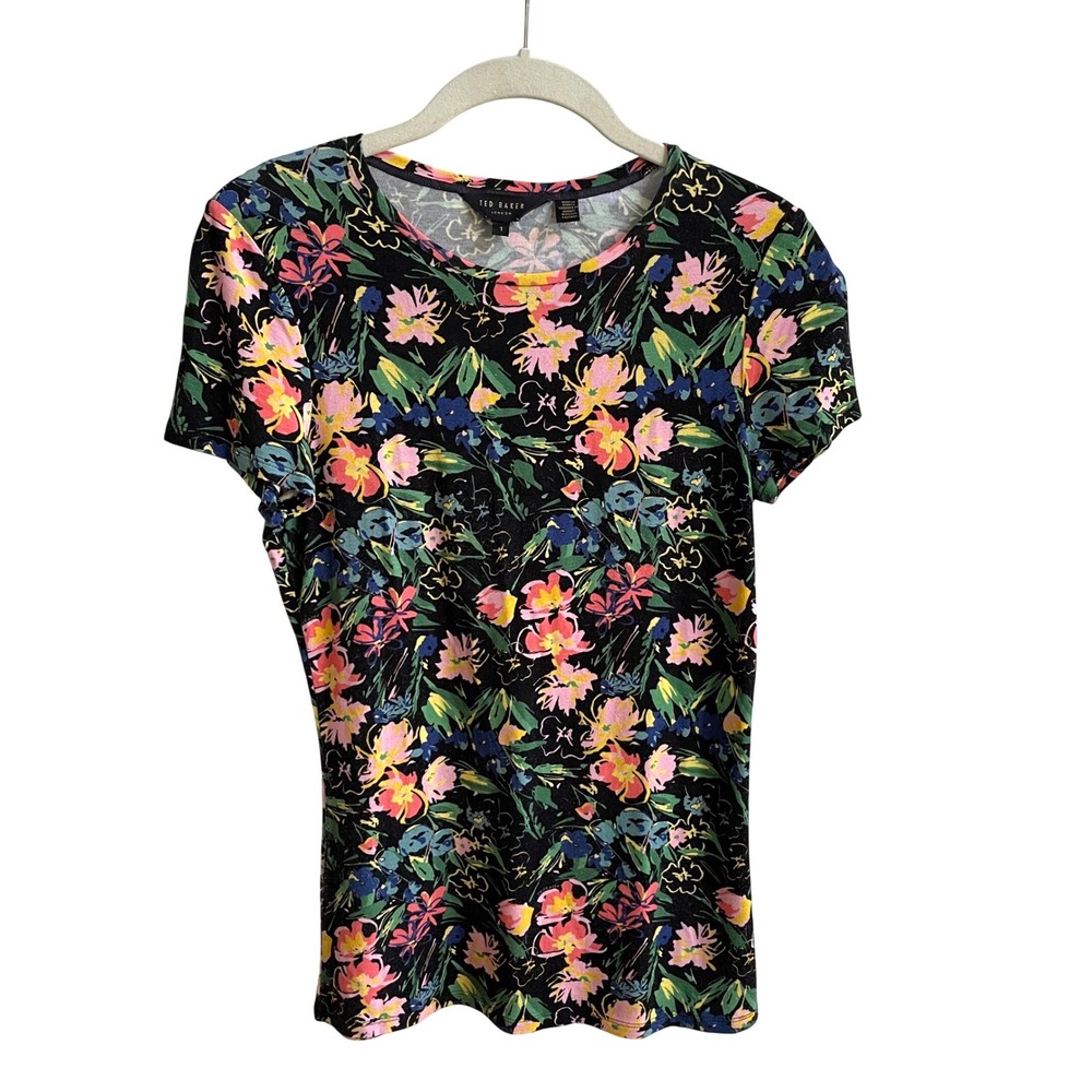 Ted Baker Floral T-Shirt Womens 1 Small Black Donvia Botanical Short Sleeve Top